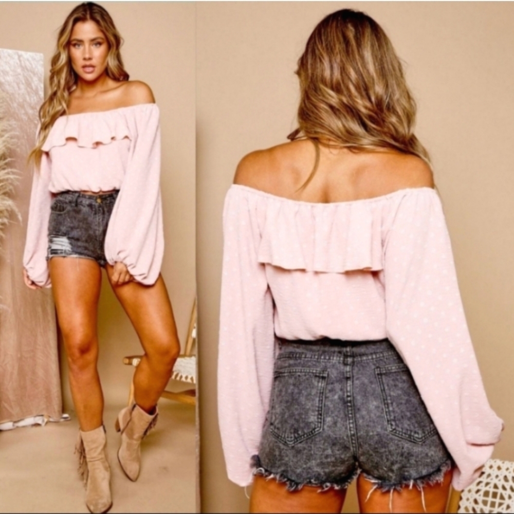 Off Shoulder Puff Sleeve Blouse pink✨️